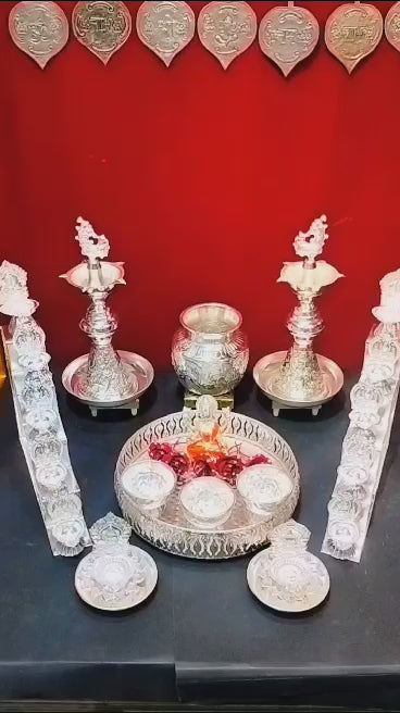german silver full pooja thali set of 34 pieces for varalakshmi pooja/ housewarming/ diwali