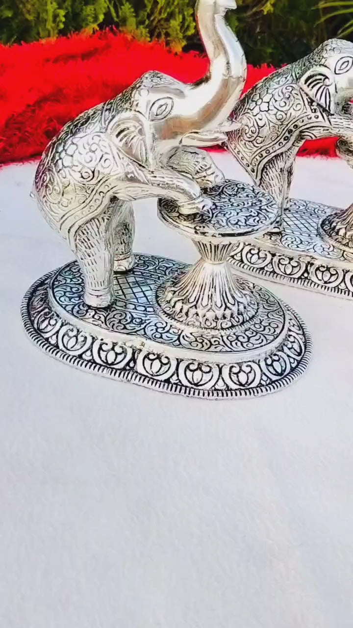 Antique finish German silver big Size 14"-15" inch Elephant diya pair