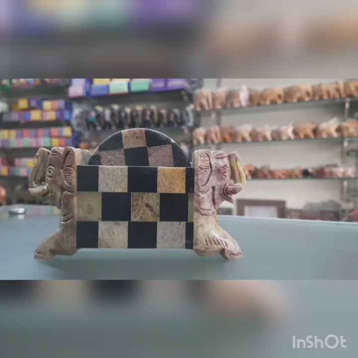 Finely Hand Check Design Crafted Marble Made 2 Sided Elephant Figure Coaster Set