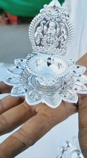 German Silver Lotus Laxmi Diya with Stand Set of 10 Pieces