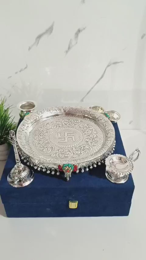 German Silver Antique Finish Elephant Leg Pooja Thali – Stone Work with Velvet Gift Box