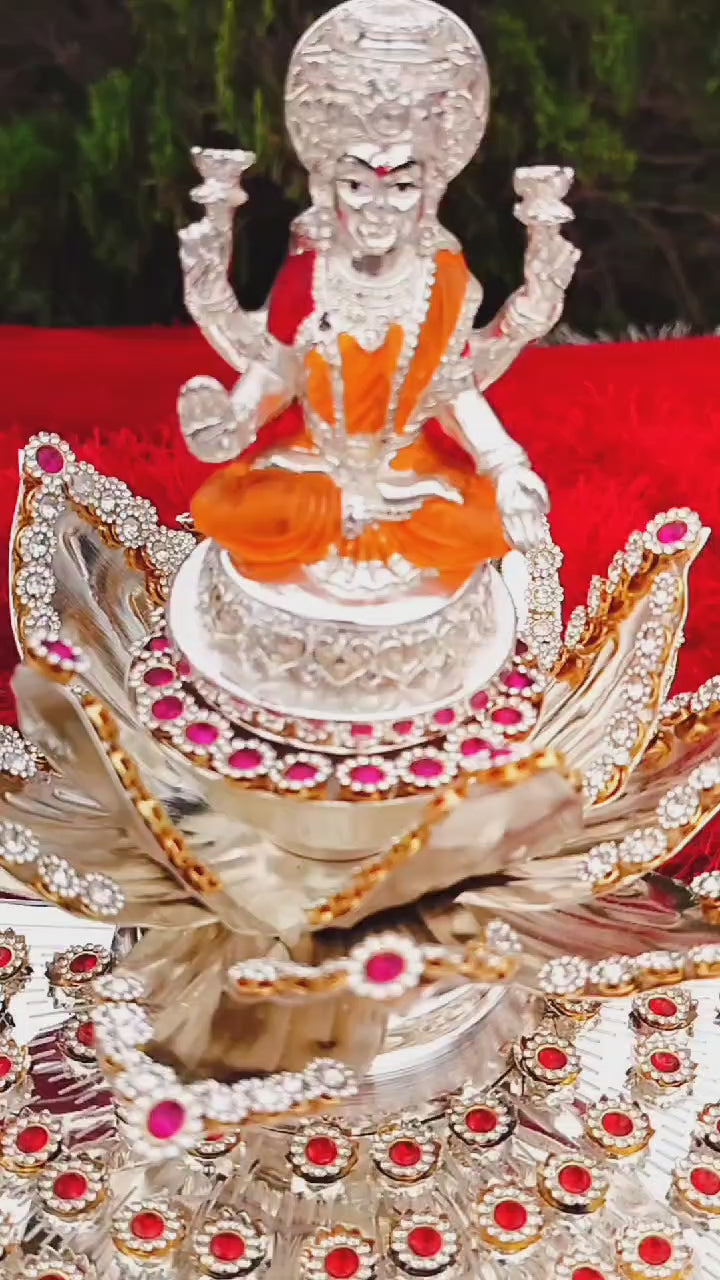 German silver 108 flower stand , Lotus sing Hasan with Laxmi idol & 108 flower