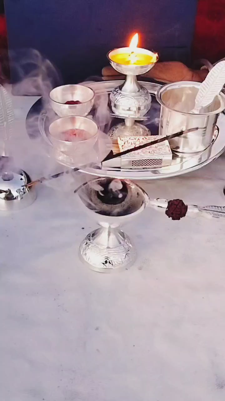 German Silver Rudraksha Pooja Set with om Design Thali