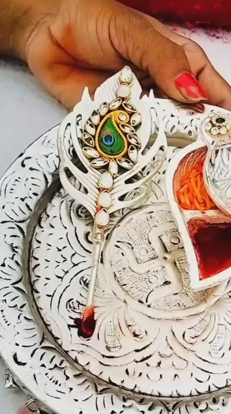 German silver Ghungaru thali with kumkum chopra & tilak stick with 2 pure silver rakhi set