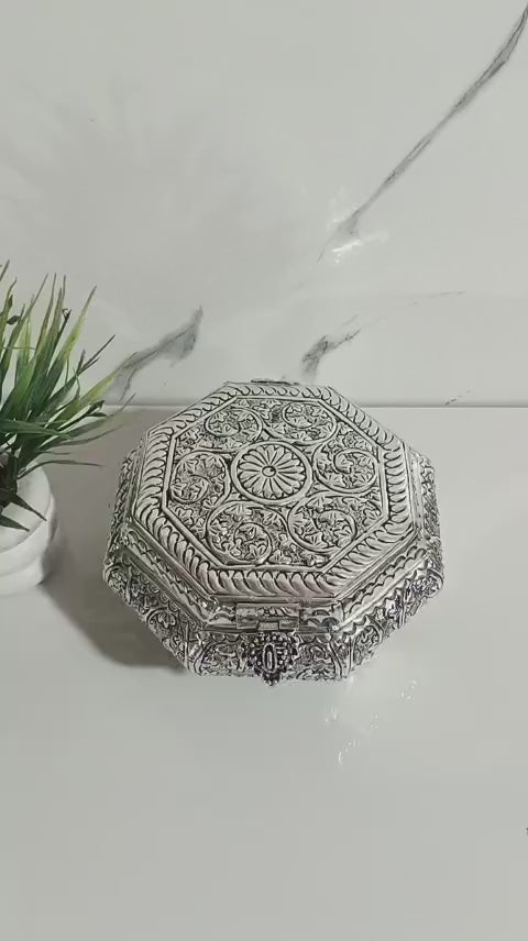 German Silver Antique Finish Hexagon Dry Fruit Box – Handcrafted Gift & Pooja Accessory