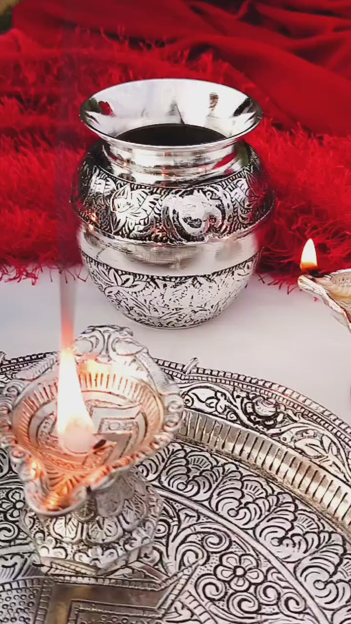 German silver Ghungaru Pooja thali set with peacock lamp pair
