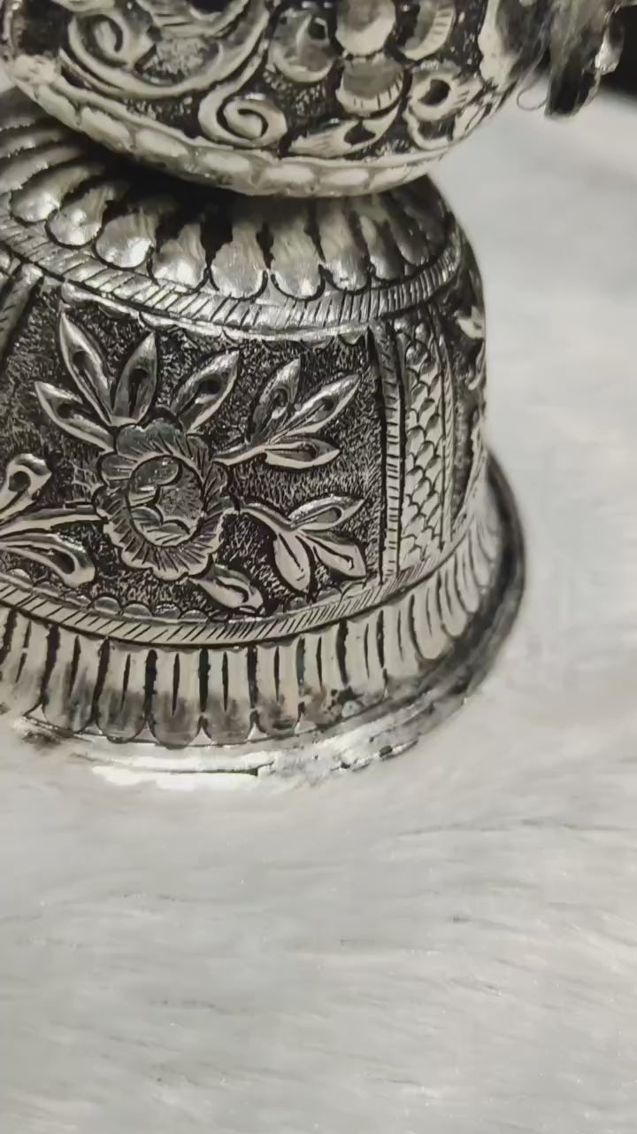 silver plated antique finish fully carved peacock diya set for housewarming/ diwali