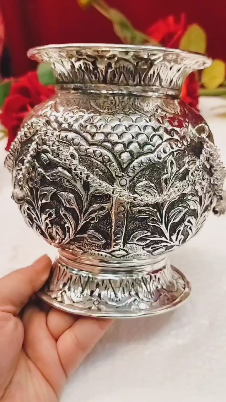 German Silver Fully Carved Kalash with Leaf and Coconut