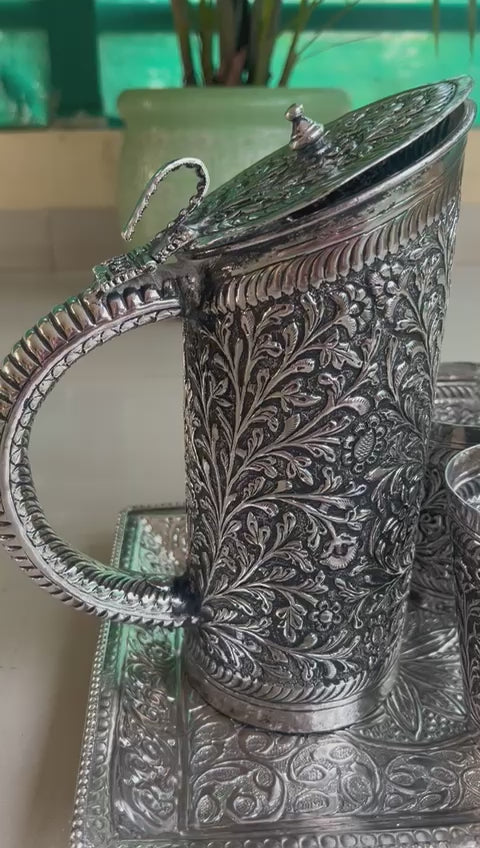german silver fully carved jug with 2 glasses and tray for serving/ gift item