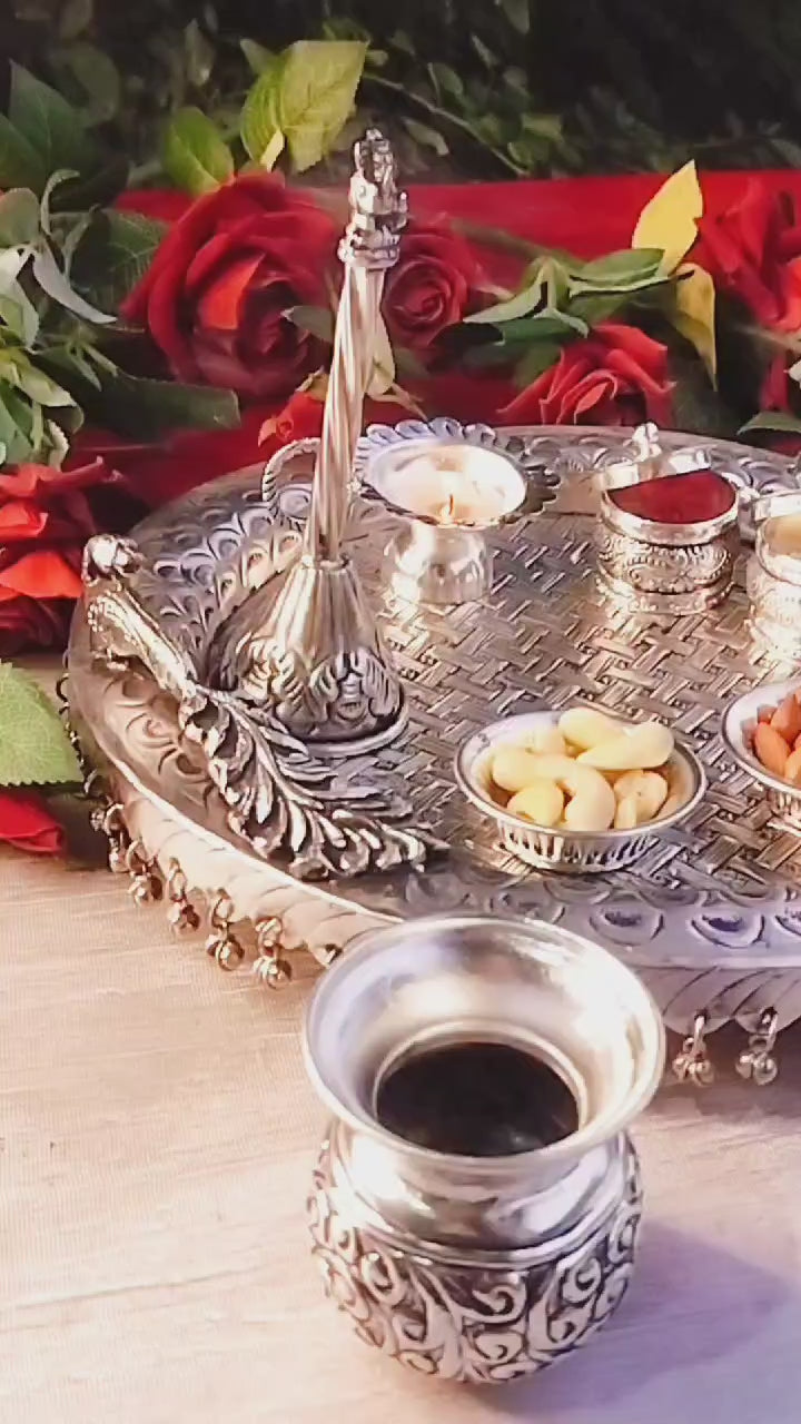 German silver Heavy gauge Antique design full Ghungaru peacock pooja set