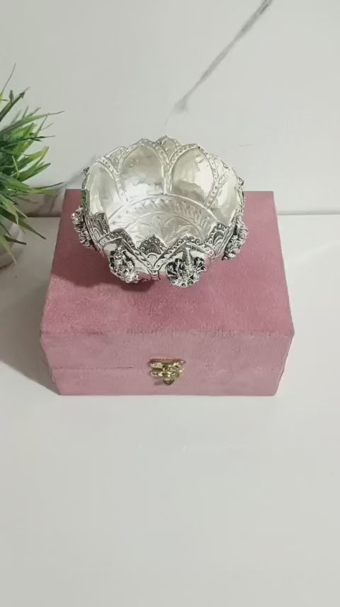 German Silver Antique Finish Ashta Lakshmi Bowl – 4.5" for Prasadam, Sweets, Gifts & Pooja