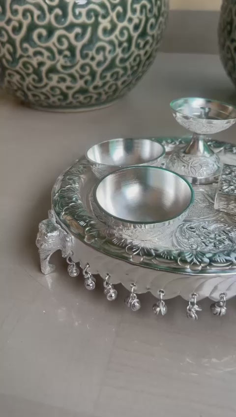 German Silver Elephant Legs Ghunghroo Small Pooja thali Set