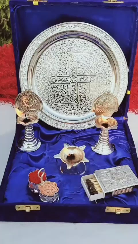 German Silver Pooja thali Set of 8 Pieces for Home Pooja/Diwali/Housewarming