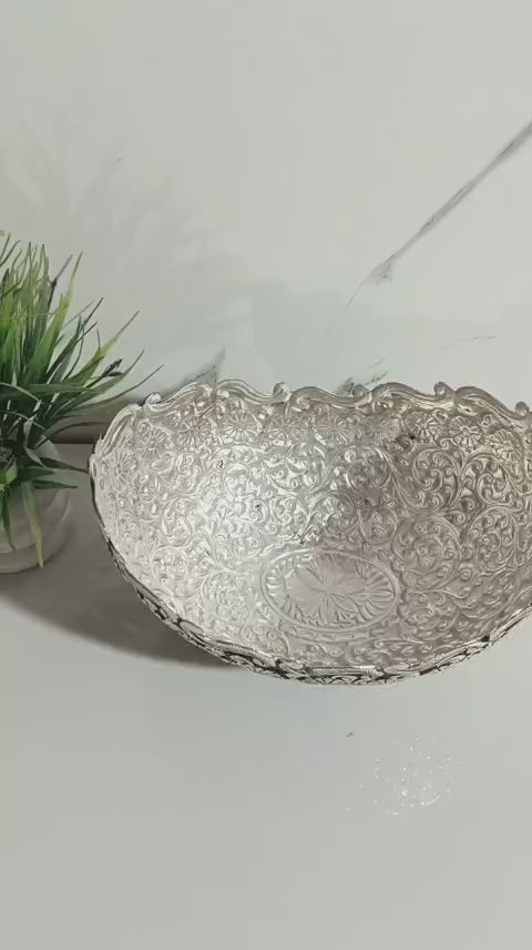 German Silver Antique Finish Handmade Fruit Bowl – Heavy Carving Pooja & Gift Item