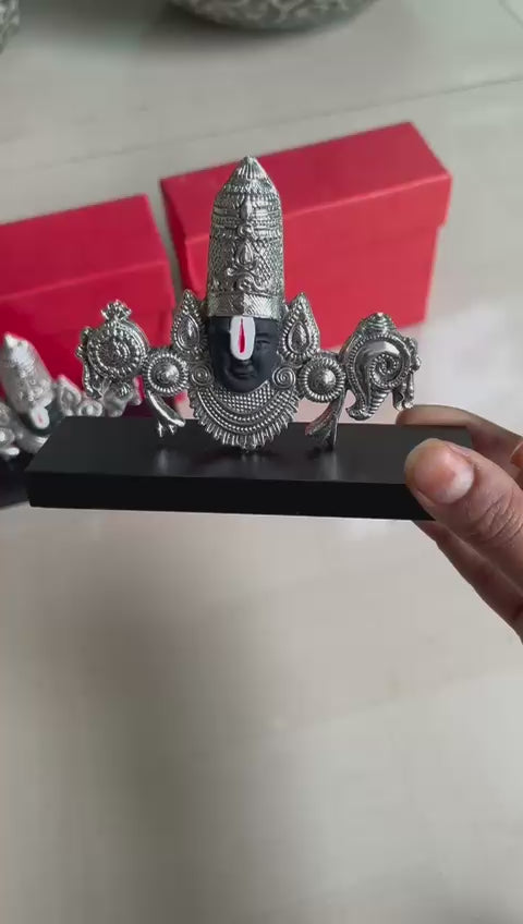 german silver Tirupati Balaji Mukham stand big size on wooden base