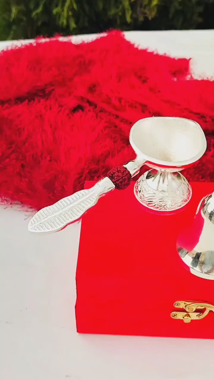 german silver rudraksha diya with bell with velvet box