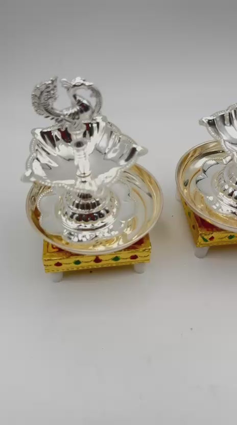 German Silver Peacock Diya with Stool & Plate – Antique Finish Pooja Set