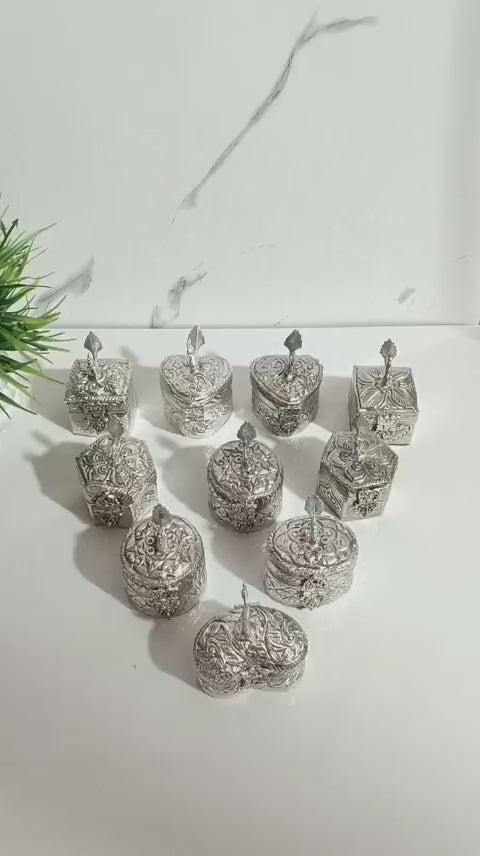 German Silver Carving Dabbi with Peacock – Small Size Set of 10 Pooja & Gift Items
