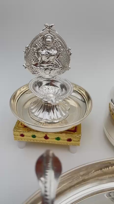 German Silver Pooja Thali Set – 15 Pieces – Varalakshmi Festival / Diwali Puja Essentials