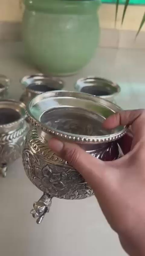 German Silver Antique Finish Elephant Leg Bowls/ kalash  – Set of 2 Large Pooja & Decor
