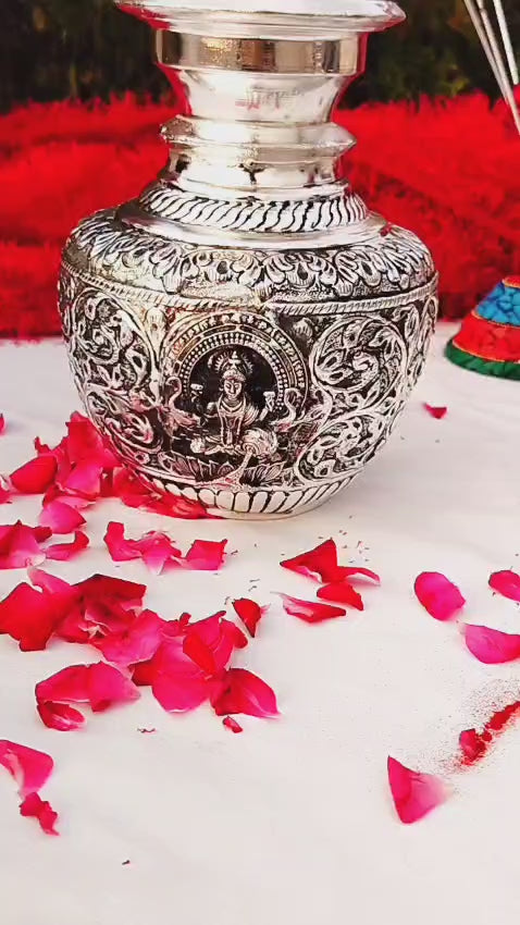 german silver lakshmi kalash big size for vara lakshmi/ housewarming/ diwali