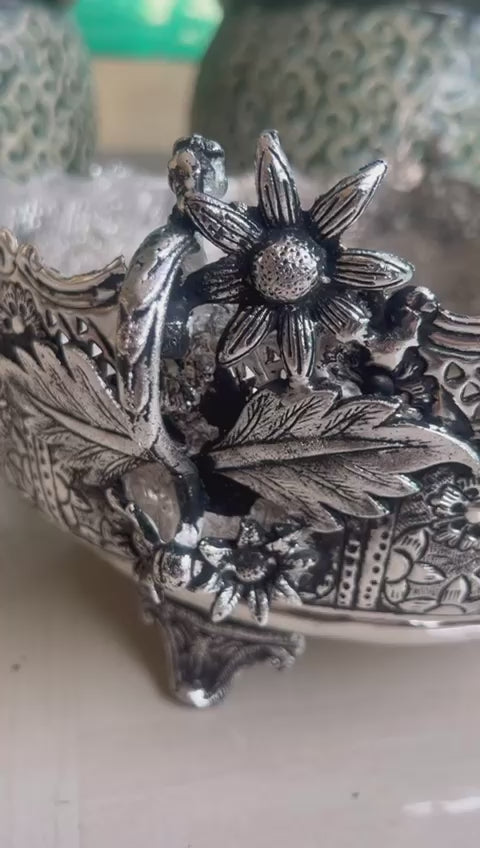 German silver fully carved flower urli bowl for home décor/ fruits/ gift item