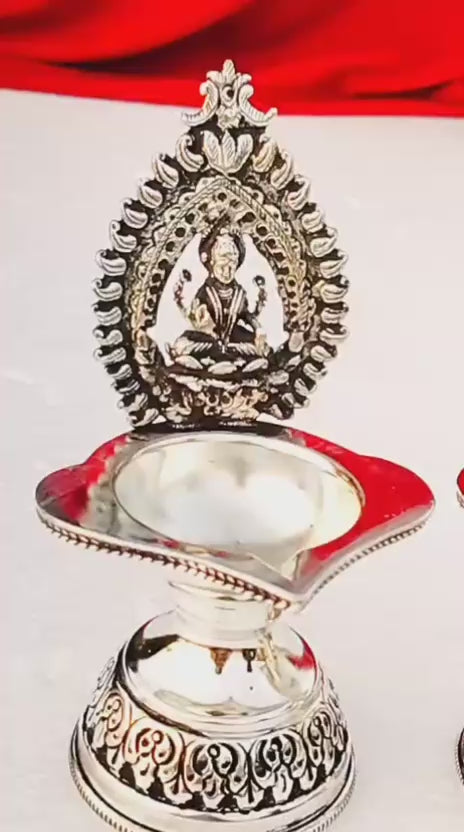 german silver Maha laxmi  diya pair with pure silver antique finish for diwali/ housewarming