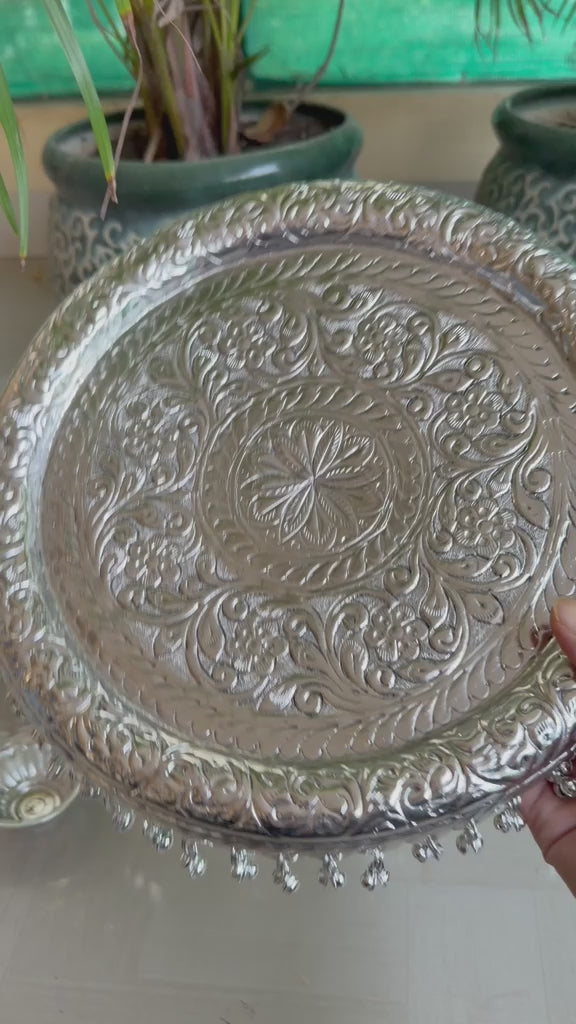 German Silver Ghungroo Pooja Thali Set – Antique Finish Devotional Decor