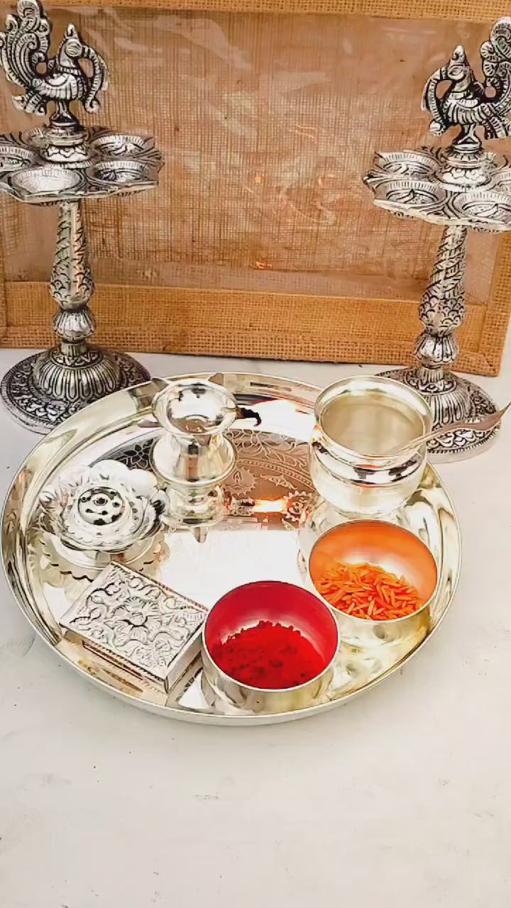German Silver Pooja Set with Antique Peacock Diya Pair
