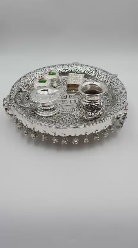 German Silver Antique Finish Elephant Leg Pooja Thali Set – 8 Piece Ritual Ensemble