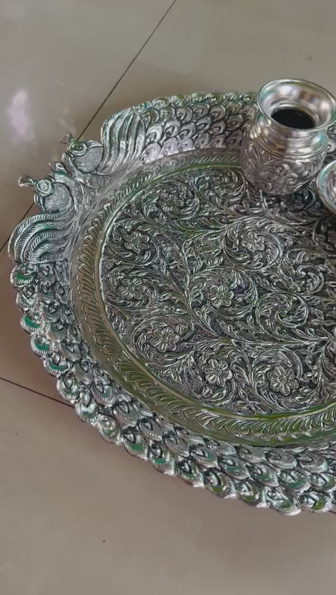 German Silver Peacock Thali Pooja Set – Antique Finish Devotional Decor