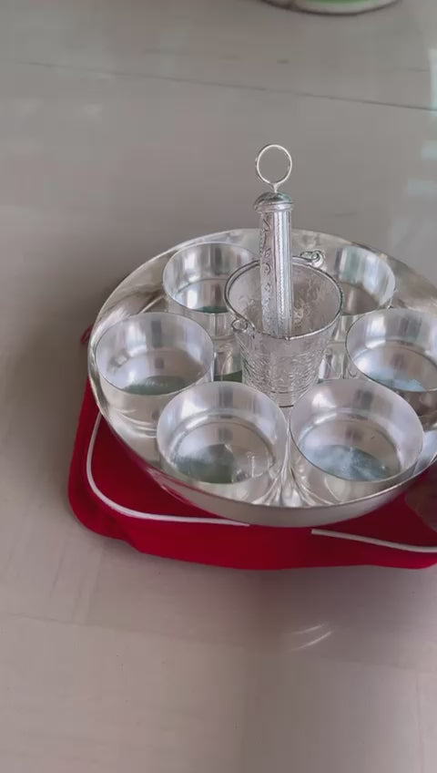 German Silver Small Holi Hamper Set Balti Pichkari Set with 6 vaatis/Bowls and Plate