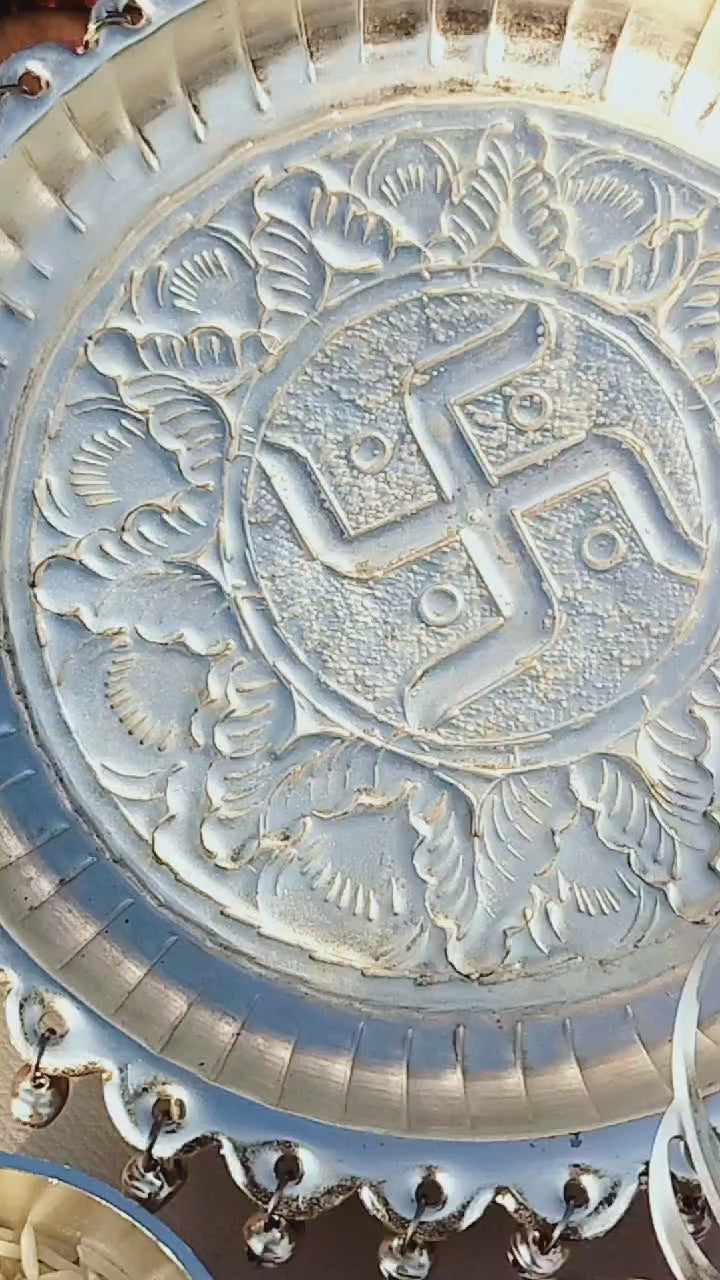 German Silver Small Pooja thali Set with gungroo with Krishan Tilak Stick