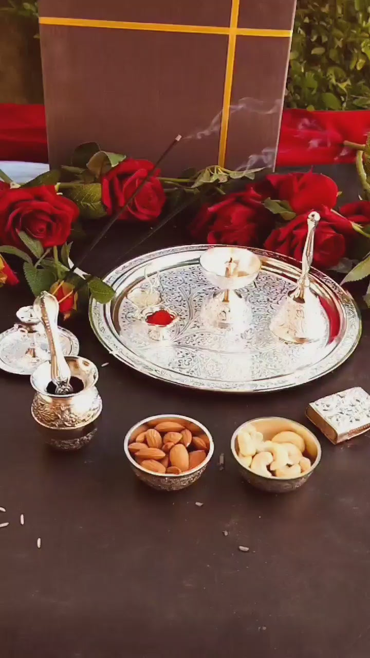 German Silver Nakkashi Pooja Set for Diwali/Gift Item/Housewarming Party