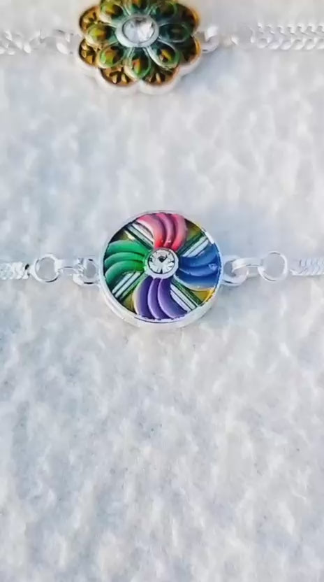 German silver Ghungaru thali with peacock kumkum bowl & tilak stick with 2 pure silver rakhi set