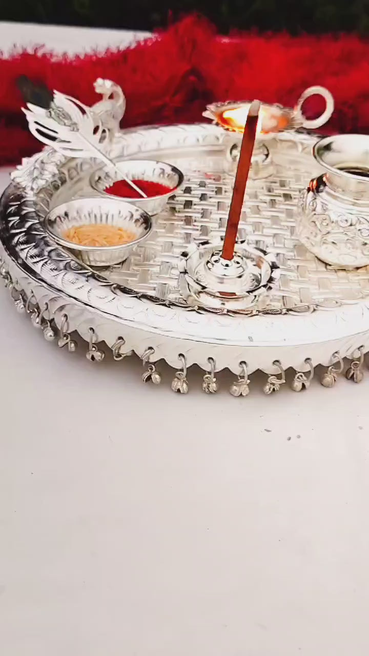 German silver peacock Engraved heavy gauge Ghungaru Aarti thali set