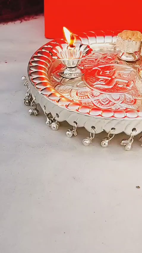 German silver Ghungaru aarti thali set with peacock feather flute Krishna Tilak stick