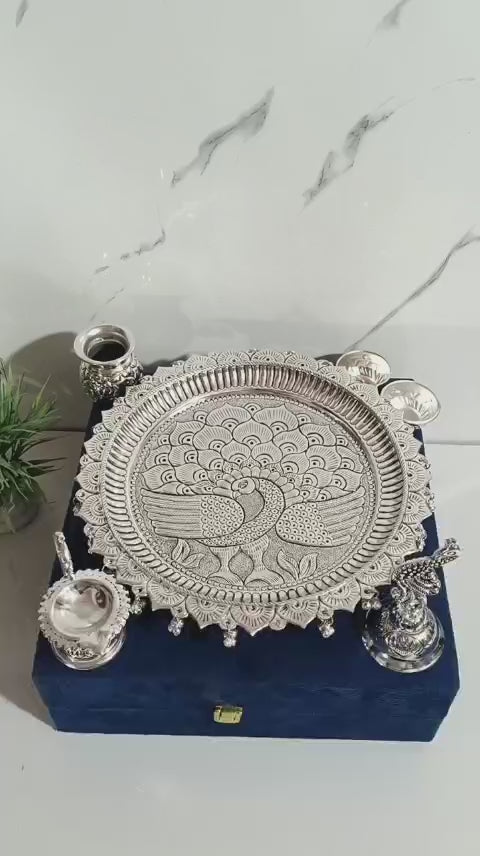 German Silver Antique Finish Peacock Carving Pooja Thali – Heavy Gauge Handmade Ritual Plate