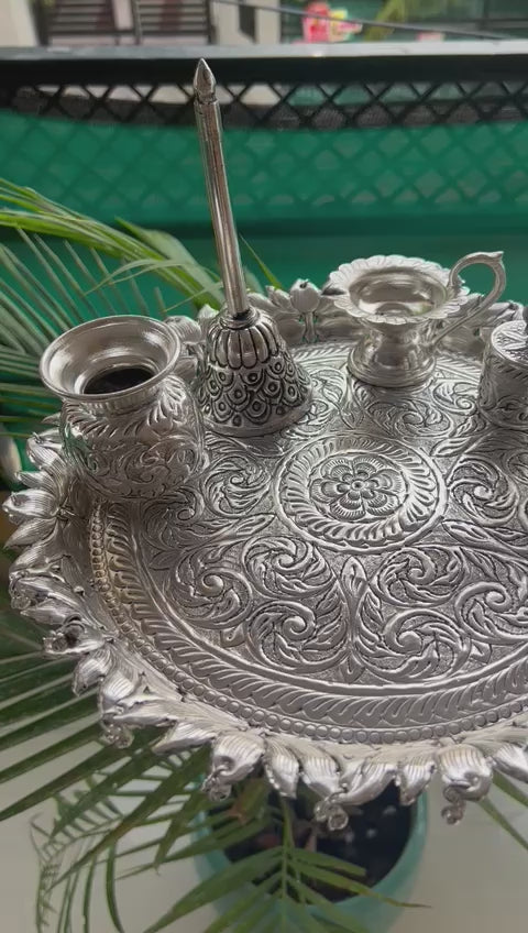 German Silver Flower Fully Carved Pooja thali Set