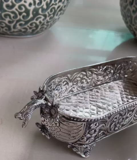 German silver Floral Double swan long stylish tray