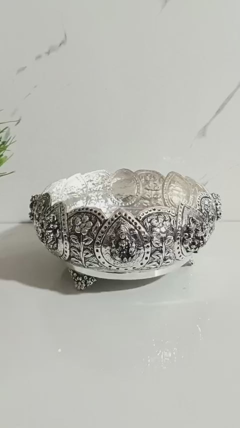 German Silver Antique Finish Ashta Lakshmi Urli – 8" Pooja Bowl with Velvet Gift Box