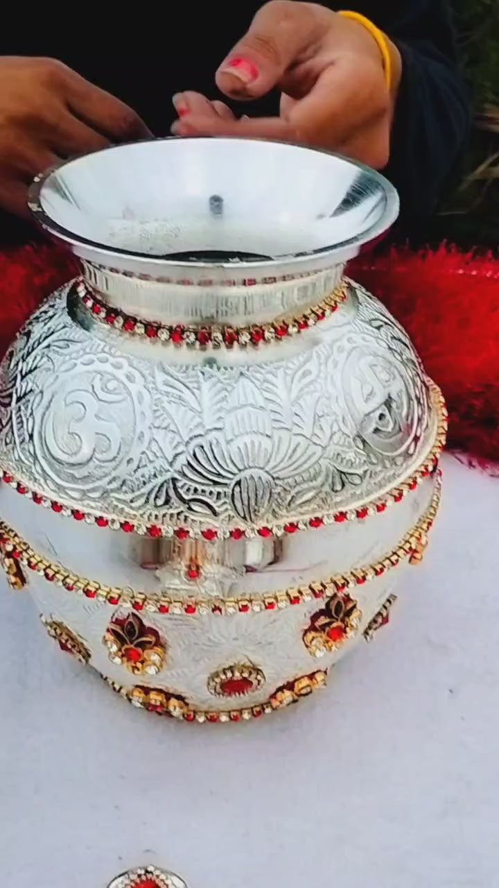 German silver stone work kalasha with Laxmi face combo for varalakshmi pooja/ housewarming/ diwali