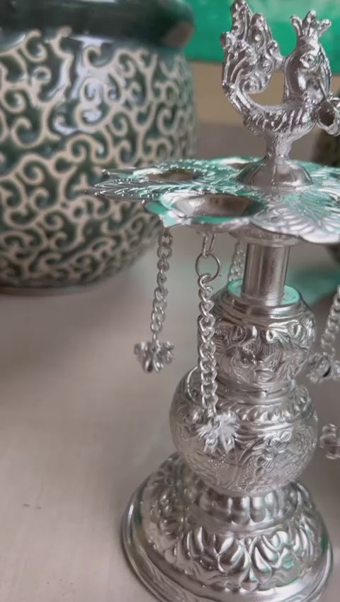 German Silver Set of 2 panchmukhi/5 Faces Peacock Diya Pair Set