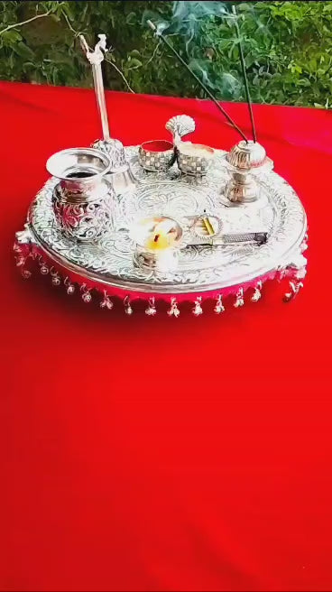 German silver antique finish elephant trunk pooja set for housewarming/Diwali pooja