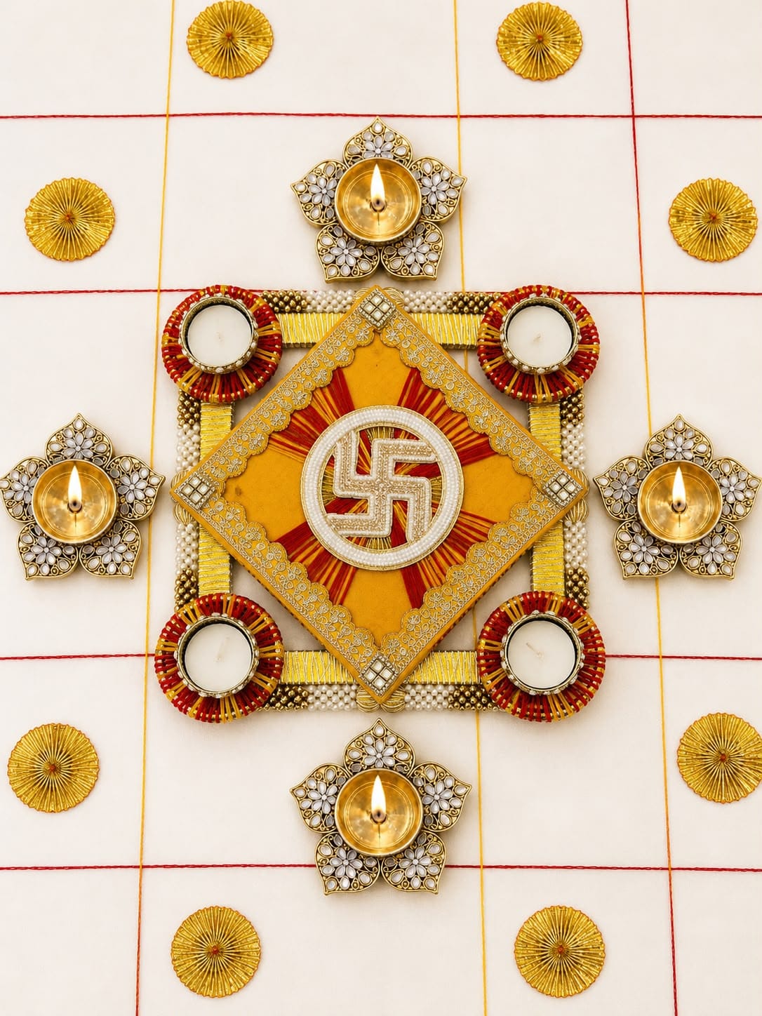 colorful rangoli mats with stone diya and wax tea lights