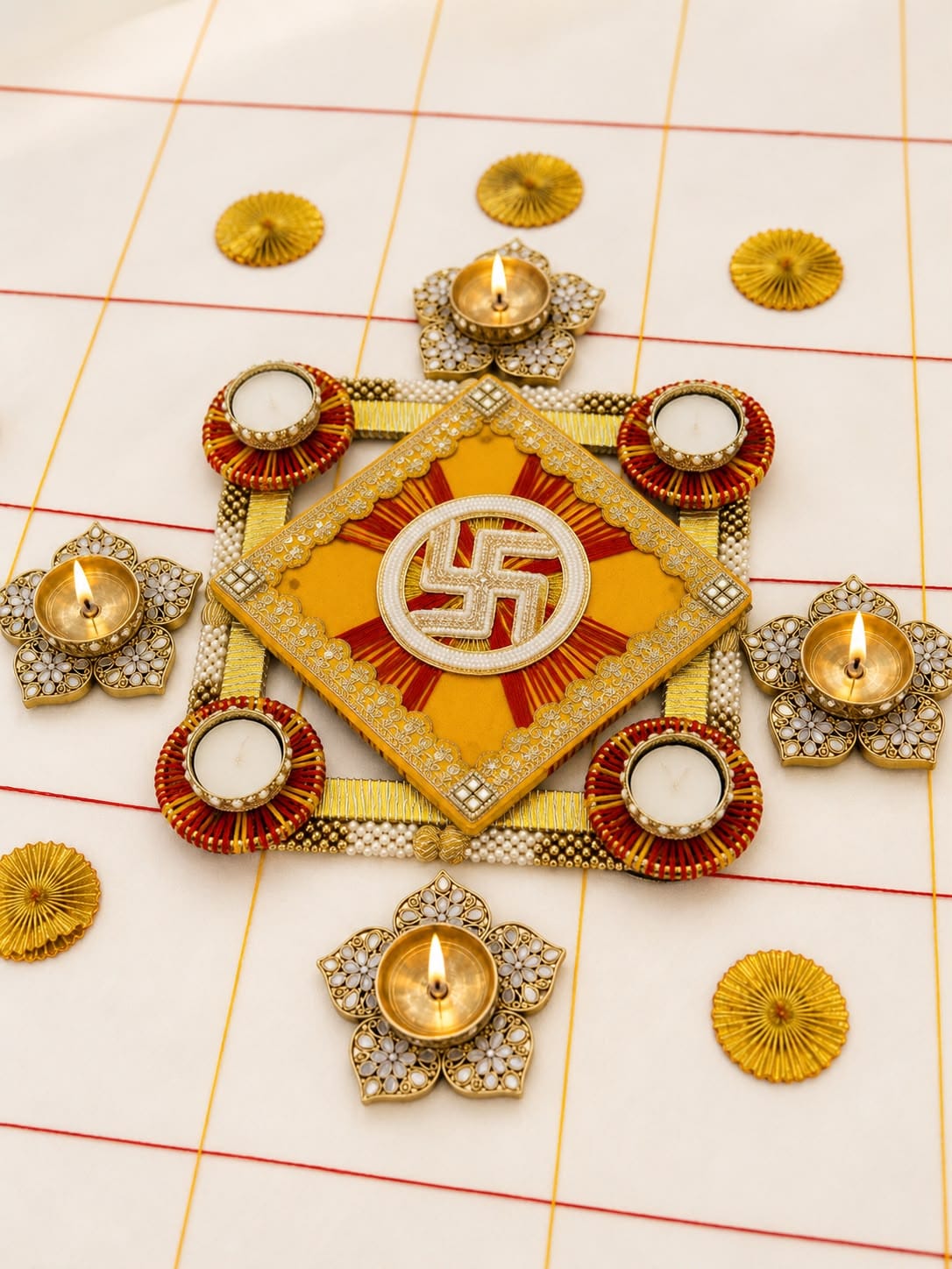 colorful rangoli mats with stone diya and wax tea lights