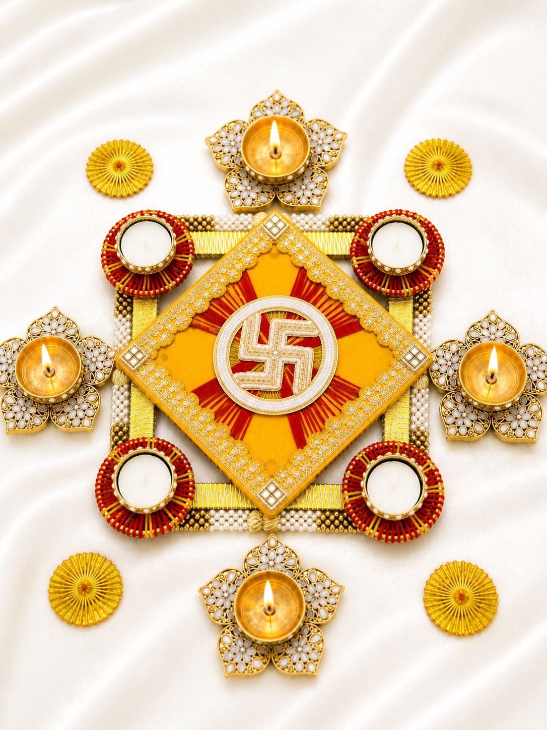 colorful rangoli mats with stone diya and wax tea lights