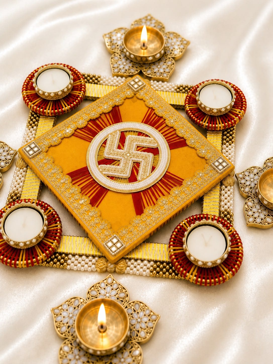 colorful rangoli mats with stone diya and wax tea lights