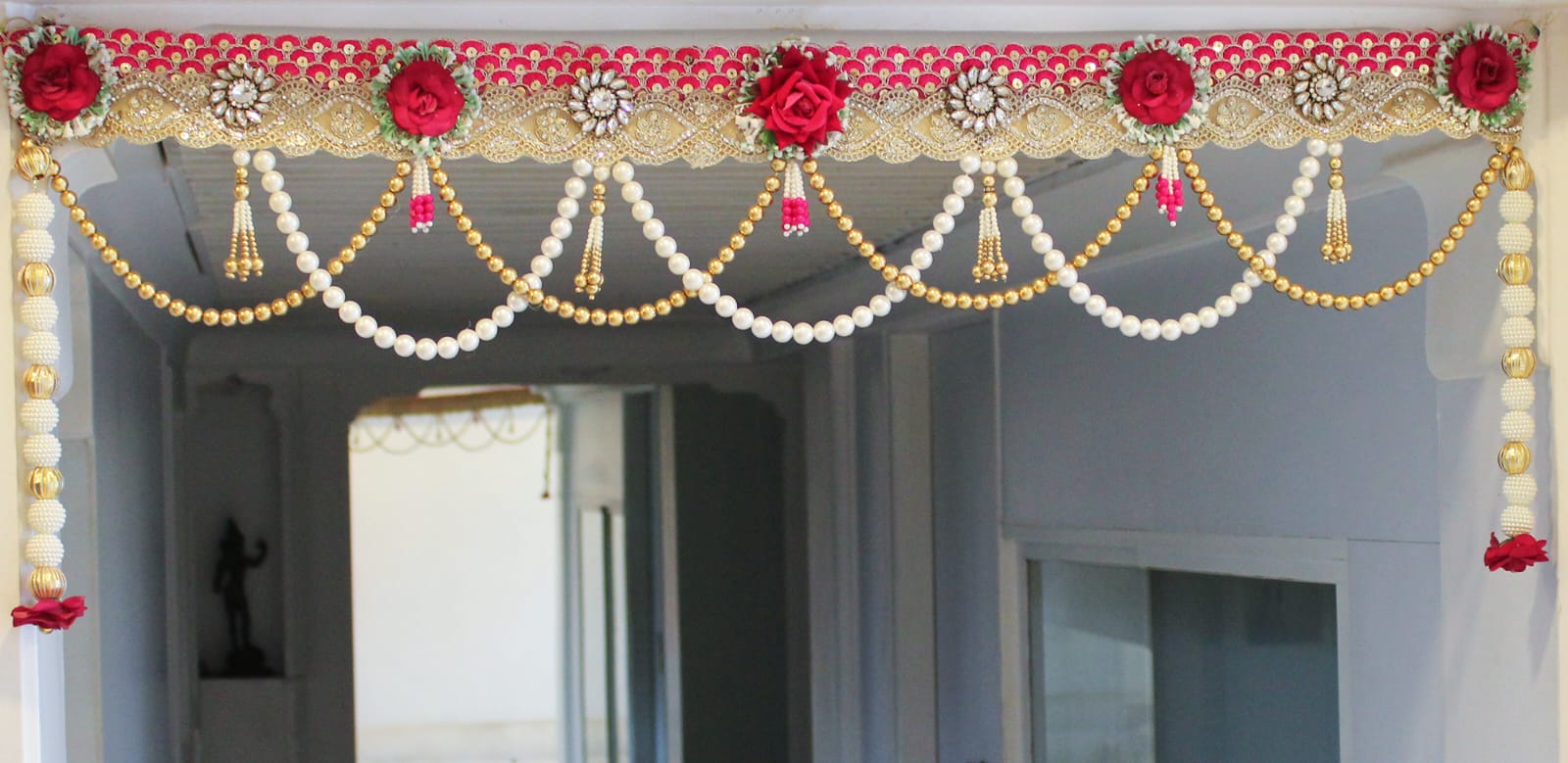 Red Beaded Toran with Matching Side Hangings, Diwali Home Decor