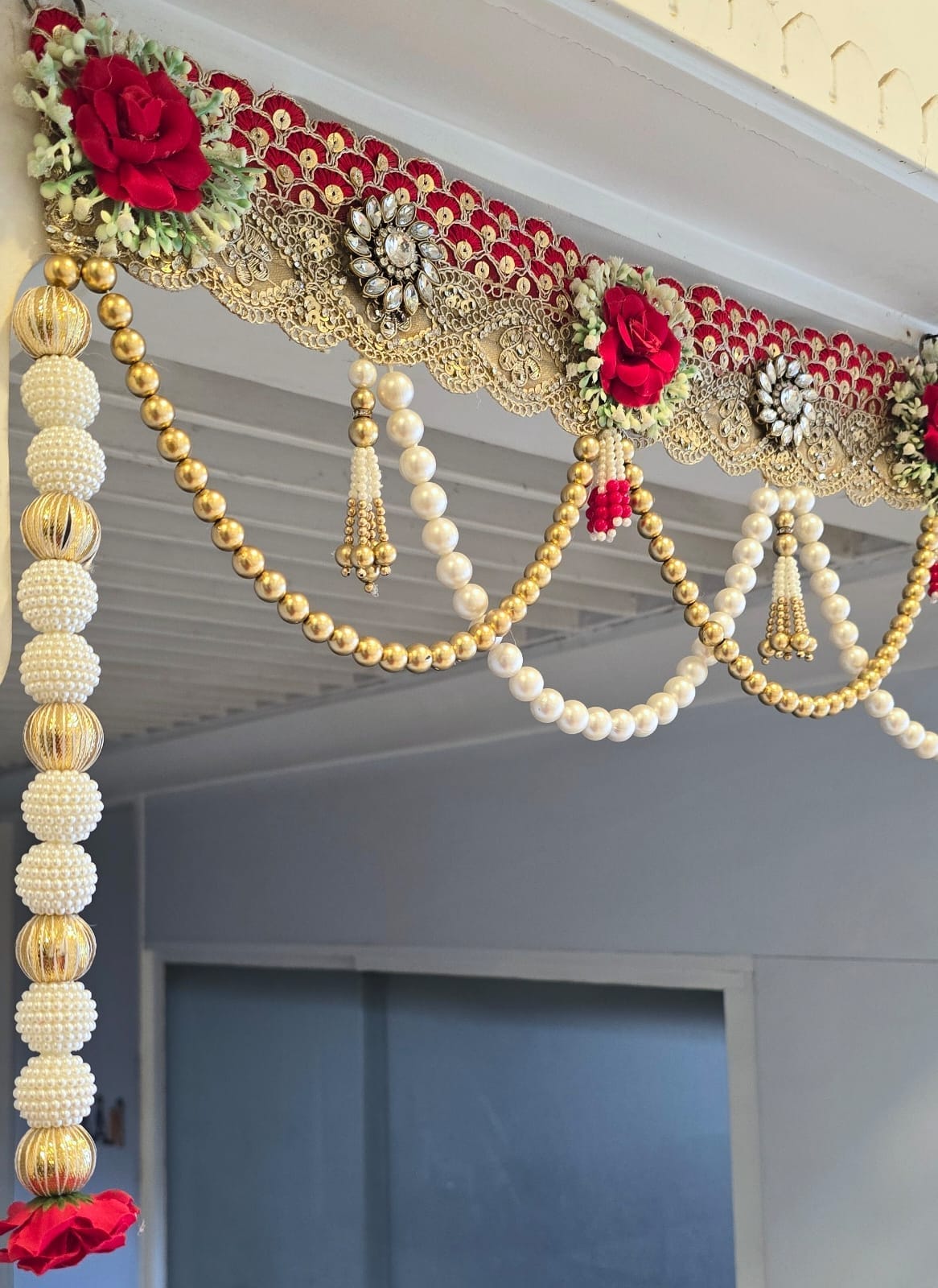Red Beaded Toran with Matching Side Hangings, Diwali Home Decor
